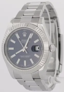 MINT Rolex DateJust II BLUE Stainless Steel 18K Fluted Oyster 41mm Watch 116334