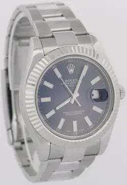 MINT Rolex DateJust II BLUE Stainless Steel 18K Fluted Oyster 41mm Watch 116334