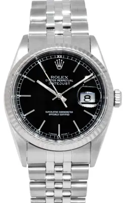 ROLEX DATEJUST STEEL & 18K WHITE GOLD BEZEL BLACK DIAL MENS 36MM WATCH T 16234
