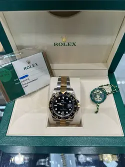 ROLEX GMT-MASTER II 116713LN SILVER AND GOLD OYSTER BRACELET WITH BOX AND PAPERS