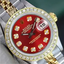 ROLEX DATEJUST LADIES TWOTONE GOLD STEEL RED DIAL & DIAMOND BEZEL JUBILEE WATCH