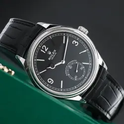 ROLEX 1908 39MM [COMPLETE SET] 18K WHITE GOLD BLACK DIAL SMOOTH FLUTED LEATHER