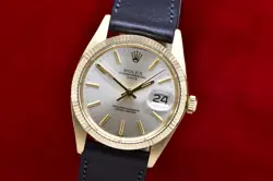 1979 ROLEX DATE 14K YELLOW GOLD 34MM FLUTED BEZEL SILVER STICK DIAL 1503 WATCH