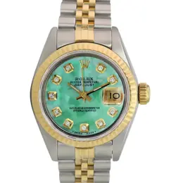 ROLEX DATEJUST LADIES TWO-TONE GOLD & STEEL GREEN MOTHER OF PEARL DIAMOND WATCH
