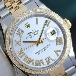ROLEX MENS DATEJUST 16233 WATCH 18KY & SS SILVER DIAMOND ROMAN  DIAL & BEZEL