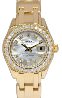 ROLEX DATEJUST PEARLMASTER 18K YELLOW GOLD MOP DIAMOND LADIES 29MM WATCH P 80298