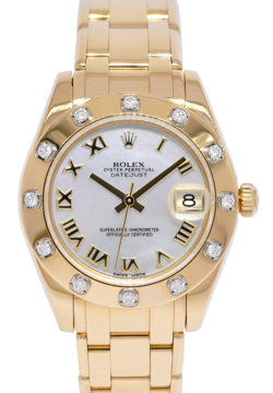 ROLEX DATEJUST PEARLMASTER 18K YELLOW GOLD MOP DIAMOND 34MM WATCH B/P '14 81318