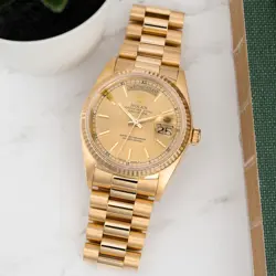 ROLEX DAY-DATE 36 18038 WATCH, YELLOW GOLD, CHAMPAGNE DIAL, PRESIDENT BRACELET
