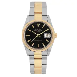 ROLEX OYSTER PERPETUAL DATE 34MM 18K GOLD STEEL BLACK DIAL WATCH 15223
