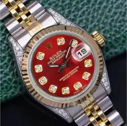 ROLEX DATEJUST LADIES TWO-TONE GOLD STEEL RED DIAL REAL DIAMONDS JUBILEE WATCH