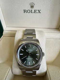 ROLEX OYSTER PERPETUAL 114200 OLIVE GREEN DIAL 34MM STEEL WATCH W/ BOX & PAPERS