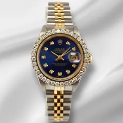 ROLEX LADIES DATEJUST 26MM 18K YELLOW GOLD/STEEL 2CT DIAMONDS ROYAL BLUE DIAL