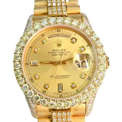 36MM ROLEX OYSTER DAY-DATE ICED OUT 7CT BEZEL LUGS 18K GOLD CHAMPAGNE DIAL WATCH