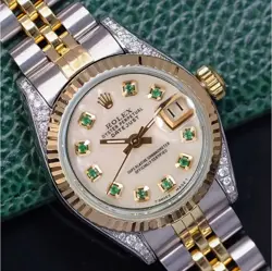 ROLEX DATEJUST LADIES TWOTONE GOLD STEEL WHITE MOTHER OF PEARL EMERALD DIAL 26MM