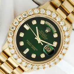 ROLEX MENS DAYDATE 18K GOLD PRESIDENT WATCH, GREEN DIAMOND DIAL -  DIAMOND BEZEL