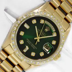 ROLEX MENS DAYDATE GREEN DIAMOND DIAL - DIAMOND BEZEL - 18K GOLD PRESIDENT WATCH