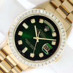 ROLEX MENS DAYDATE 18K GOLD PRESIDENT WATCH, GREEN DIAMOND DIAL - 2.75 CT BEZEL