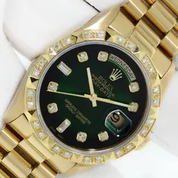 ROLEX MENS DAYDATE GREEN DIAMOND DIAL - PYRAMID BEZEL - 18K GOLD PRESIDENT WATCH