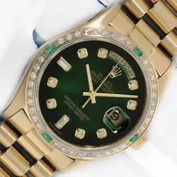 ROLEX MENS DAYDATE GREEN DIAMOND DIAL - EMERALD BEZEL - 18K GOLD PRESIDENT WATCH