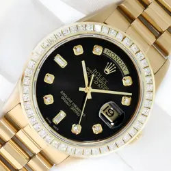ROLEX MENS DAYDATE 18K GOLD PRESIDENT WATCH, BLACK DIAMOND DIAL - 2.75 CT BEZEL