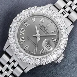ROLEX LADIES DATEJUST GRAY ROMAN DIAL, STAINLESS STEEL DIAMOND BEZEL WATCH