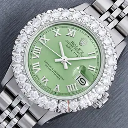 ROLEX LADIES DATEJUST GREEN ROMAN DIAL, STAINLESS STEEL DIAMOND BEZEL WATCH