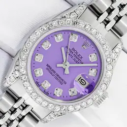 ROLEX LADIES DATEJUST STAINLESS STEEL PURPLE DIAMOND DIAL - DIAMOND BEZEL WATCH