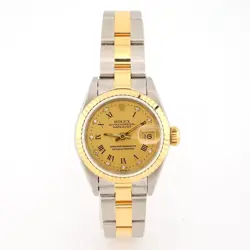 26MM ROLEX OYSTER DATEJUST SS/18K GOLD CHAMPAGNE ROMAN DIAL FLUTED BEZEL WATCH