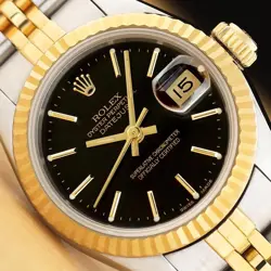 ROLEX LADIES DATEJUST 69173 BLACK DIAL 18K YELLOW GOLD STEEL TWO TONE WATCH