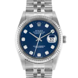 ROLEX DATEJUST 36 16234 BLUE FACTORY DIAMOND STEEL WHITE GOLD FLUTED MENS WATCH