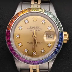 ROLEX DATEJUST 69173 RAINBOW BEZEL WATCH 26MM TWO-TONE JUBILEE CHAMPAGNE DIAL