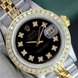 ROLEX DATEJUST LADIES TWOTONE GOLD STEEL BLACK DIAL DIAMOND BEZEL JUBILEE WATCH