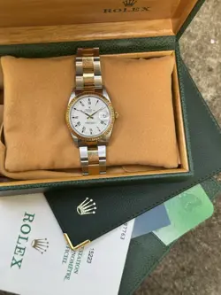 ROLEX DATE 15223 18K TWO TONE YELLOW GOLD WHITE DIAL MEN'S WATCH 34MM BOX/PAPERS