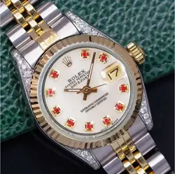 ROLEX DATEJUST LADIES TWOTONE GOLD STEEL WHITE MOTHER OF PEARL RUBY DIAL 26MM