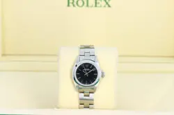 ROLEX OYSTER PERPETUAL 24MM LADIES, BLACK STICK DIAL, SMOOTH BEZEL - STEEL 6718