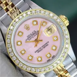 ROLEX DATEJUST LADIES TWOTONE GOLD STEEL PINK MOTHER OF PEARL DIAMOND DIAL WATCH