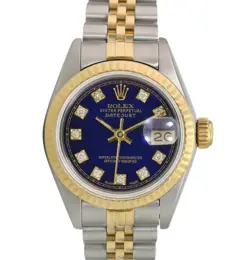 ROLEX DATEJUST LADIES TWO-TONE YELLOW GOLD & STEEL BLUE DIAMOND DIAL WATCH 26MM