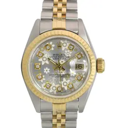 ROLEX DATEJUST LADIES TWO-TONE GOLD & STEEL SILVER FLORAL DIAMOND DIAL WATCH