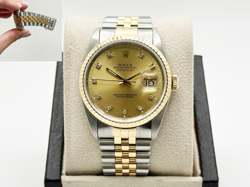 ROLEX DATEJUST 16233 36MM CHAMPAGNE FACTORY DIAMOND DIAL STEEL 18K YELLOW GOLD