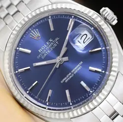 ROLEX MENS DATEJUST BLUE DIAL FLUTED BEZEL 18K WHITE GOLD STAINLESS STEEL WATCH