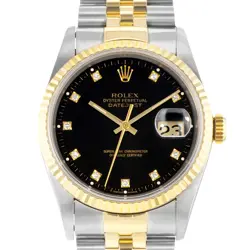 ROLEX DATEJUST 36 16233 FACTORY BLACK DIAMOND STEEL YELLOW GOLD MENS WATCH