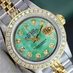 ROLEX DATEJUST LADIES TWOTONE GOLD GREEN MOTHER OF PEARL DIAMOND JUBILEE WATCH
