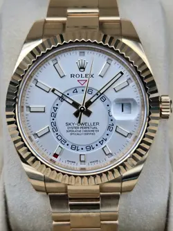 ROLEX SKY-DWELLER 326938 YELLOW GOLD WHITE STICK DIAL ANNUAL CALENDAR GMT