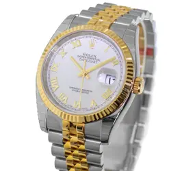 ROLEX DATEJUST 36MM NOS YELLOW GOLD & STEEL WHITE ROMAN DIAL FLUTED BEZEL 116233
