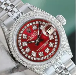 ROLEX DATEJUST LADIES STAINLESS STEEL RED DIAL 1.50CT DIAMOND JUBILEE WATCH 26MM