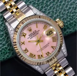 ROLEX DATEJUST LADIES TWO-TONE GOLD STEEL PINK MOTHER OF PEARL ROMAN WATCH 26MM