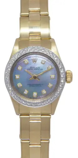 ROLEX OYSTER PERPETUAL 14K YELLOW GOLD MOP & DIAMOND LADIES 24MM WATCH '82 6719