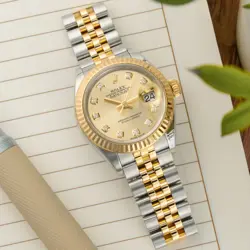 ROLEX DATEJUST 28 279173, STEEL & YELLOW GOLD, CHAMPAGNE DIAMOND DIAL, JUBILE...