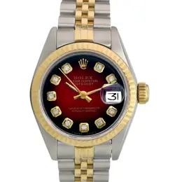 ROLEX DATEJUST LADIES TWO-TONE GOLD & STEEL RED VIGNETTE DIAMOND DIAL WATCH 26MM