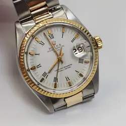 ROLEX DATE 34 MM TWO TONE OYSTER WHITE ROMAN AUTOMATIC WATCH 1500 CIRCA 1974